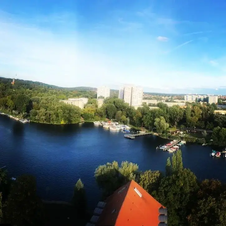 Blauer Havelblick mit Booten, Bäumen und Potsdamer Häusern.