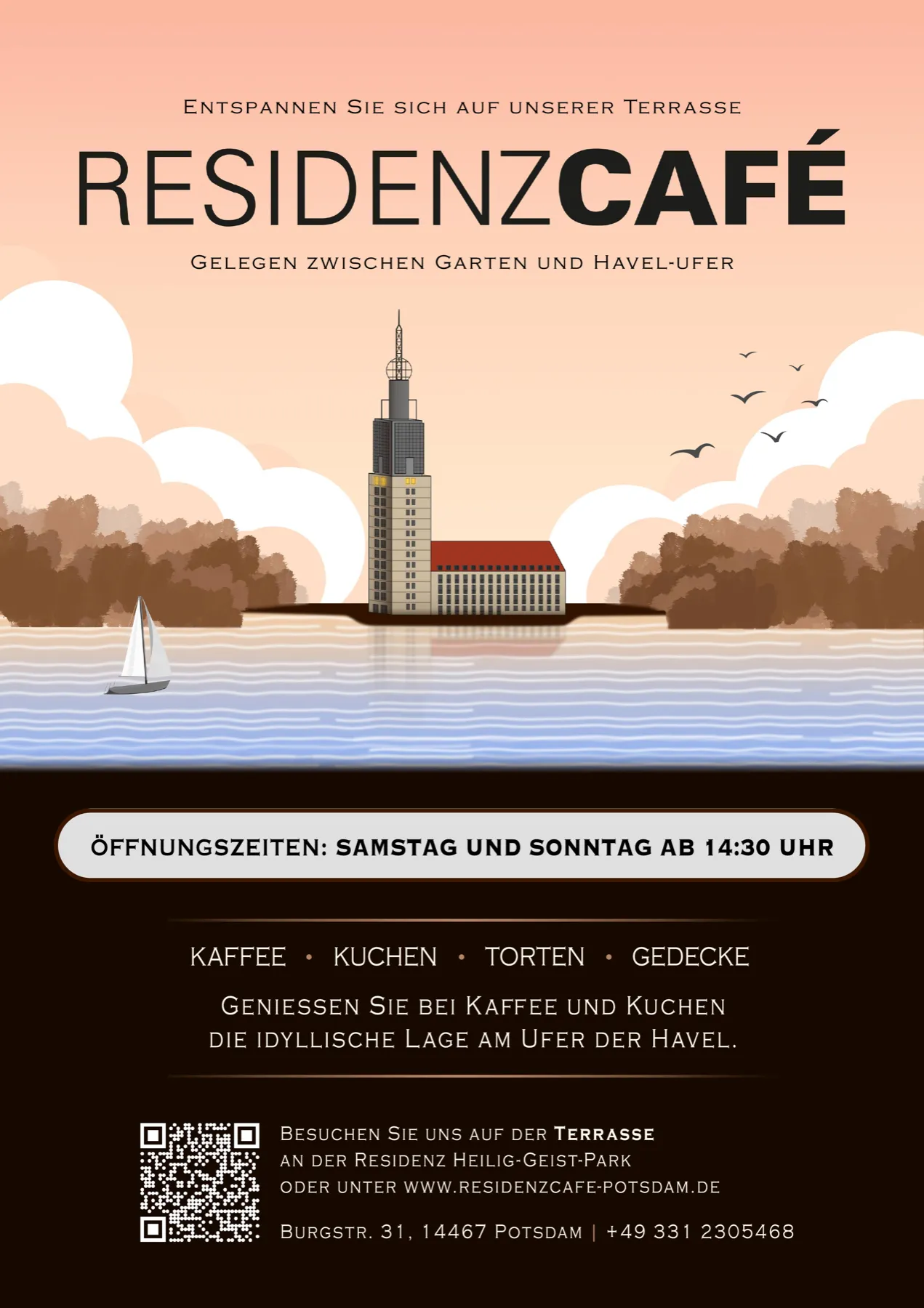 Terrassenplakat des ResidenzCafés mit Blick auf Havel und Garten.